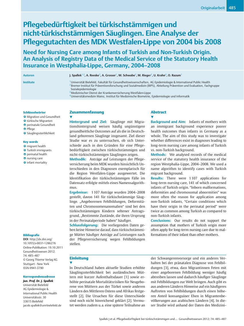 Vorschauseite 1: Pflegebedürftigkeit bei türkischstämmigen und nicht-türkischstämmigen Säuglingen. Eine Analyse der Pflegegutachten des MDK Westfalen-Lippe von 2004 bis 2008.