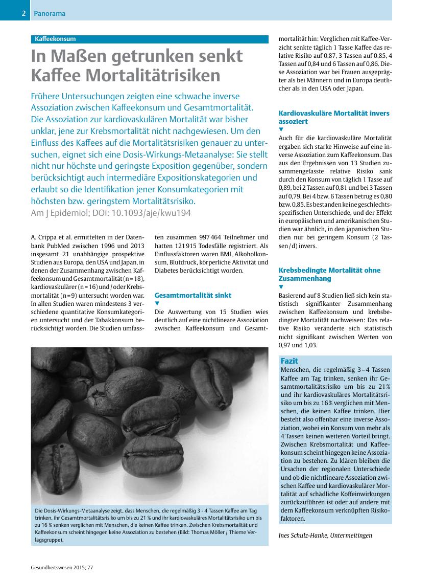Vorschauseite 1: In Maßen getrunken senkt Kaffee Mortalitätrisiken