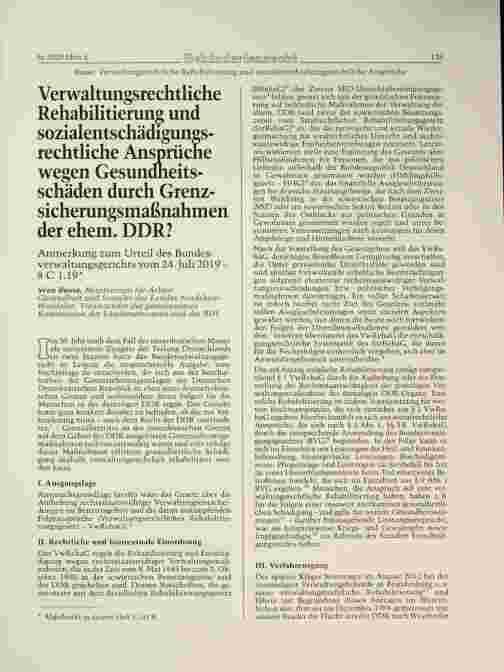 Vorschauseite 1: Verwaltungsrechtliche Rehabilitierung und sozialentschädigungsrechtliche Ansprüche wegen Gesundheitsschäden durch Grenzsicherungsmaßnahmen der ehem. DDR?