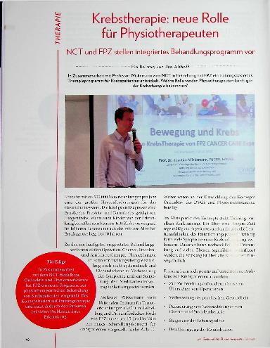 Vorschauseite 1: Krebstherapie: Neue Rolle für Physiotherapeuten. NCT und FPZ stellen integriertes Behandlungsprogramm vor.