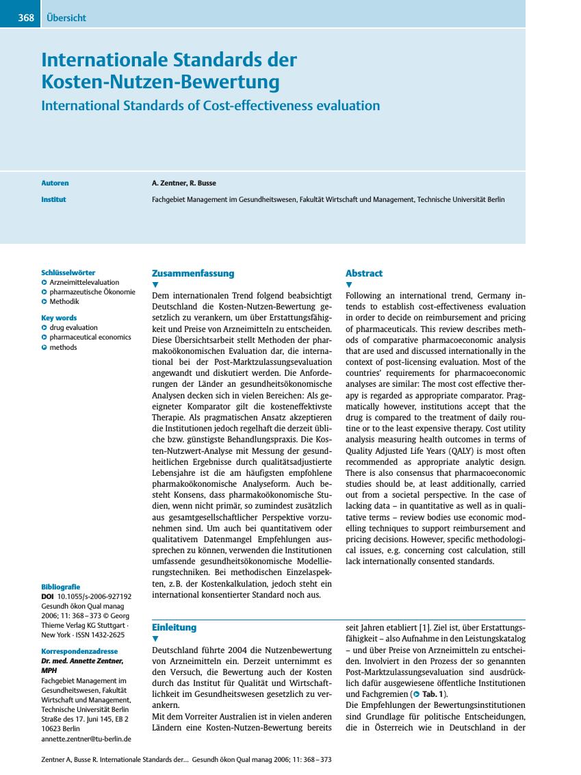 Vorschauseite 1: Internationale Standards der Kosten-Nutzen-Bewertung