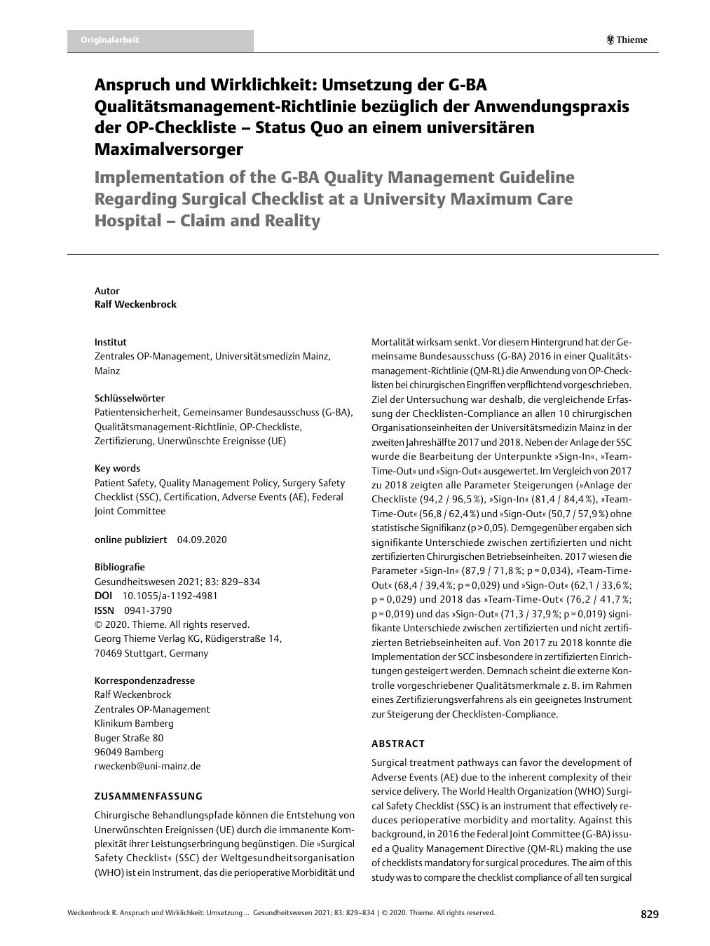 Vorschauseite 1: Anspruch und Wirklichkeit: Umsetzung der G-BA Qualitätsmanagement-Richtlinie bezüglich der Anwendungspraxis der OP-Checkliste – Status Quo an einem universitären Maximalversorger