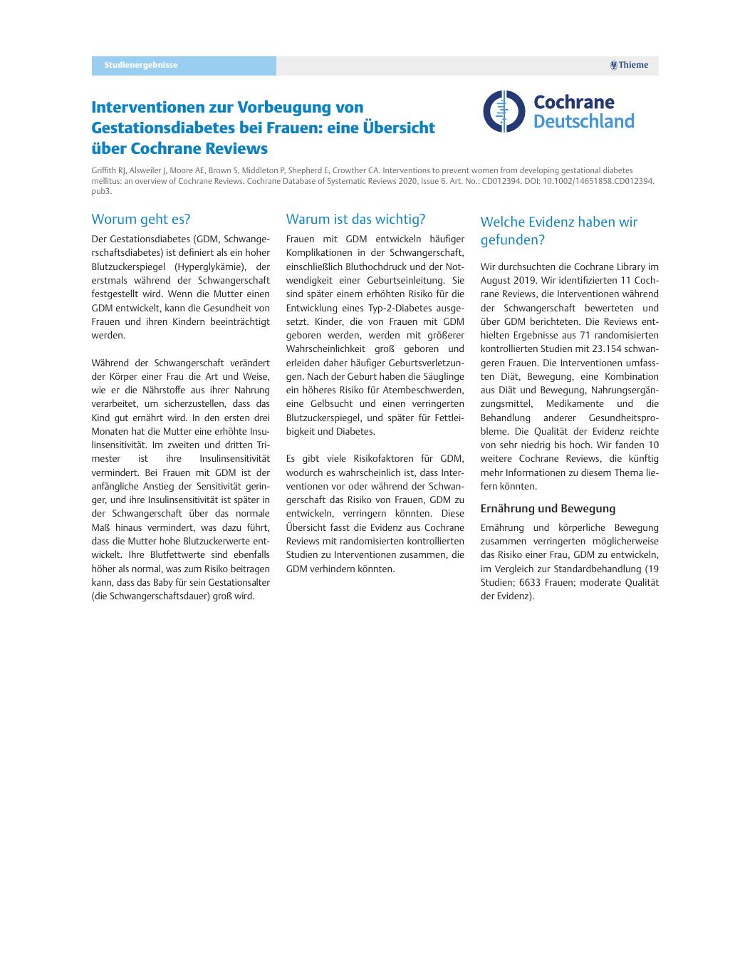 Vorschauseite 1: Interventionen zur Vorbeugung von Gestationsdiabetes bei Frauen: eine Übersicht über Cochrane Reviews