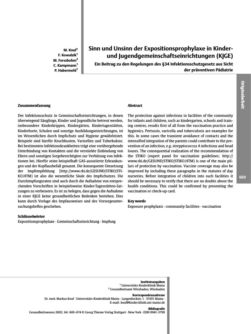 Vorschauseite 1: Sinn und Unsinn der Expositionsprophylaxe in Kinderund Jugendgemeinschaftseinrichtungen (KJGE)