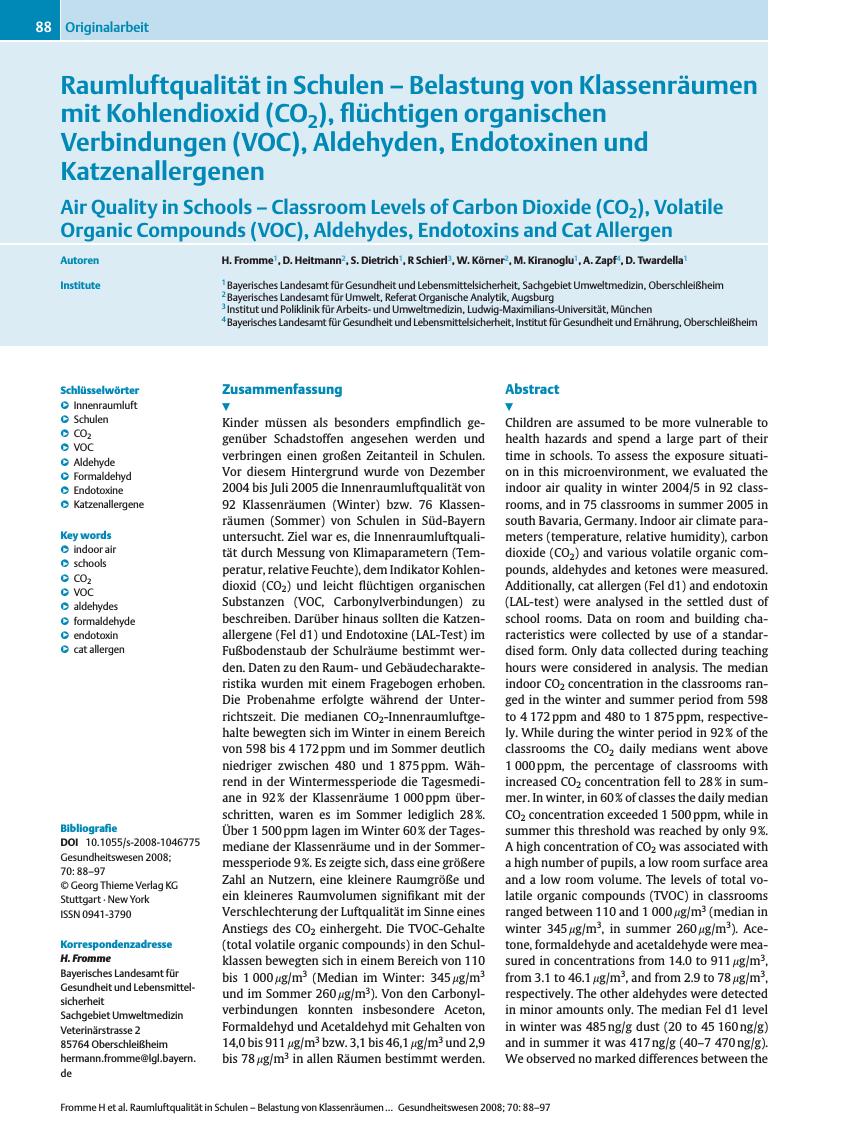 Vorschauseite 1: Raumluftqualität in Schulen - Belastung von Klassenräumen mit Kohlendioxid (CO2), flüchtigen organischen Verbindungen (VOC), Aldehyden, Endotoxinen und Katzenallergenen