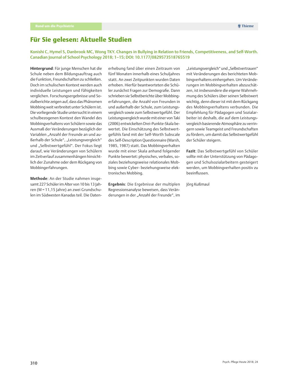Vorschauseite 1: Für Sie gelesen: Aktuelle Studien: Konishi C, Hymel S, Danbrook MC, Wong TKY. Changes in Bullying in Relation to Friends, Competitiveness, and Self-Worth. Canadian Journal of Scho…
