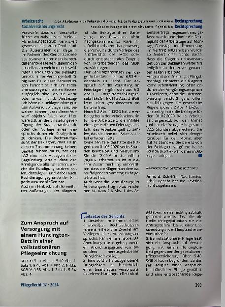 Vorschauseite 1: Zum Anspruch auf Versorgung mit einem Huntington-Bett in einer vollstationären Pflegeeinrichtung