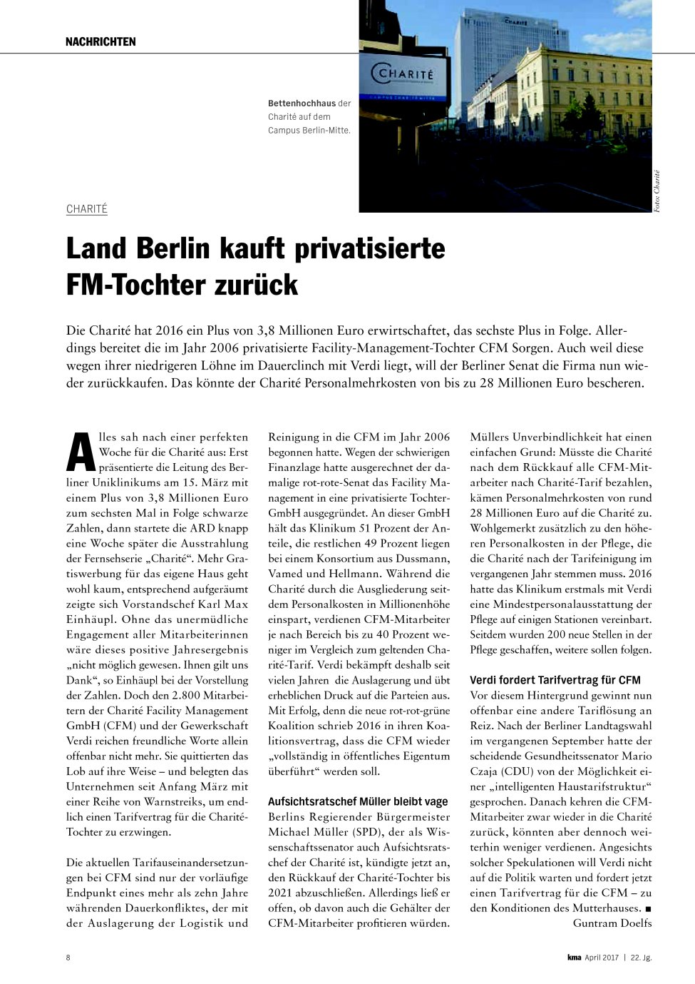 Vorschauseite 1: Charité: Land Berlin kauft privatisierte FM-Tochter zurück