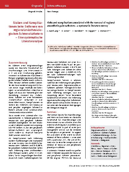 Vorschauseite 1: Risiken und Komplikationen beim Entfernen von regionalanästhesiologischen Schmerzkathetern – Eine systematische Literaturanalyse