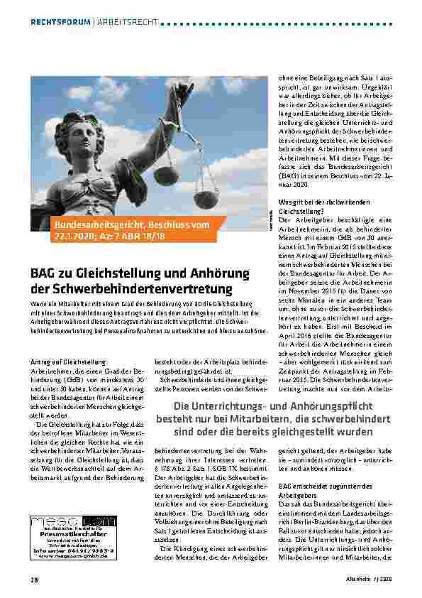 Vorschauseite 1: BAG zu Gleichstellung und Anhörung der Schwerbehindertenvertretung The text is already correctly spelled.