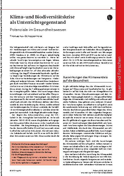 Vorschauseite 1: Klimaund Biodiversitätskrise als Unterrichtsgegenstand Potenziale im Gesundheitswesen