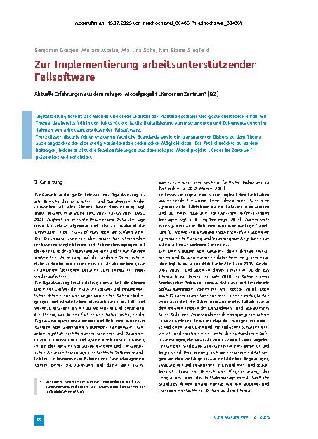 Vorschauseite 1: Zur Implementierung arbeitsunterstützender Fallsoftware Aktuelle Erfahrungen aus dem rehapro-Modellprojekt „Kinder im Zentrum“ (KiZ)