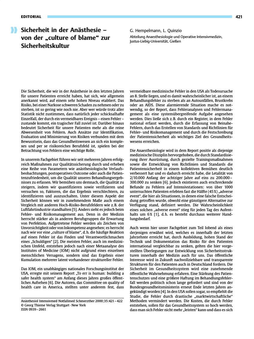 Vorschauseite 1: Sicherheit in der Anästhesie - von der „culture of blame” zur Sicherheitskultur