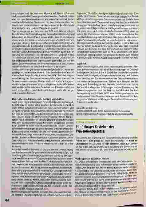 Vorschauseite 1: Fünfjähriges Bestehen des Präventionsgesetzes