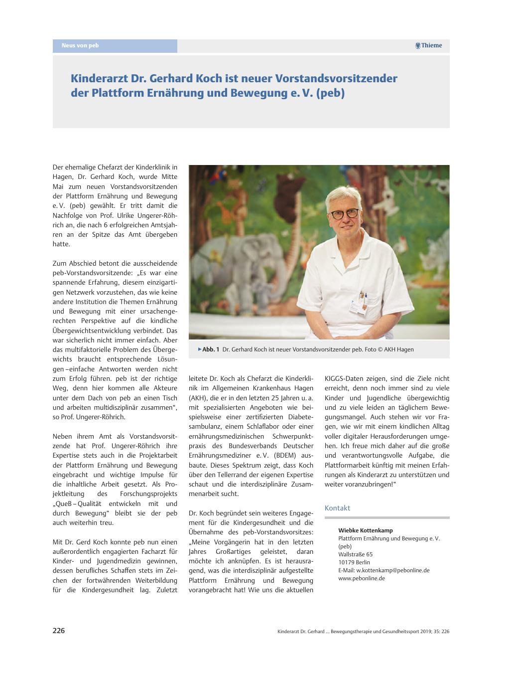 Vorschauseite 1: Kinderarzt Dr. Gerhard Koch ist neuer Vorstandsvorsitzender der Plattform Ernährung und Bewegung e. V. (peb)