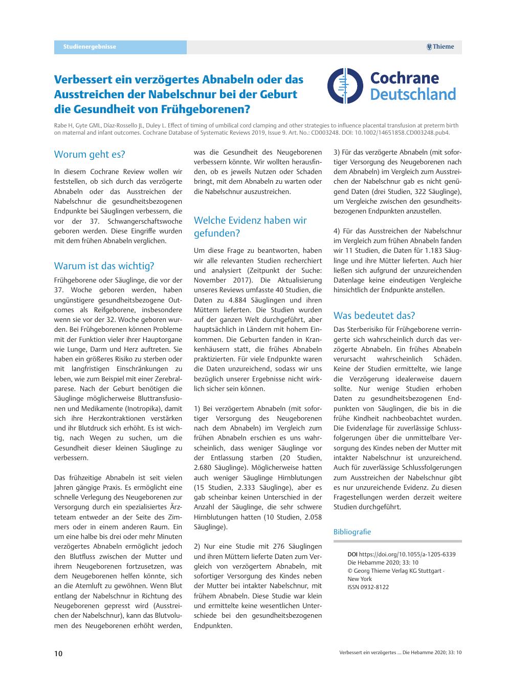 Vorschauseite 1: Verbessert ein verzögertes Abnabeln oder das Ausstreichen der Nabelschnur bei der Geburt die Gesundheit von Frühgeborenen?