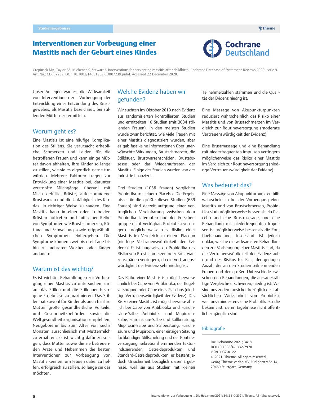 Vorschauseite 1: Interventionen zur Vorbeugung einer Mastitis nach der Geburt eines Kindes
