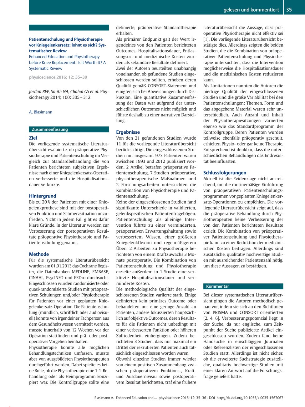 Vorschauseite 1: Patientenschulung und Physiotherapie vor Kniegelenkersatz; lohnt es sich? Systematischer Review