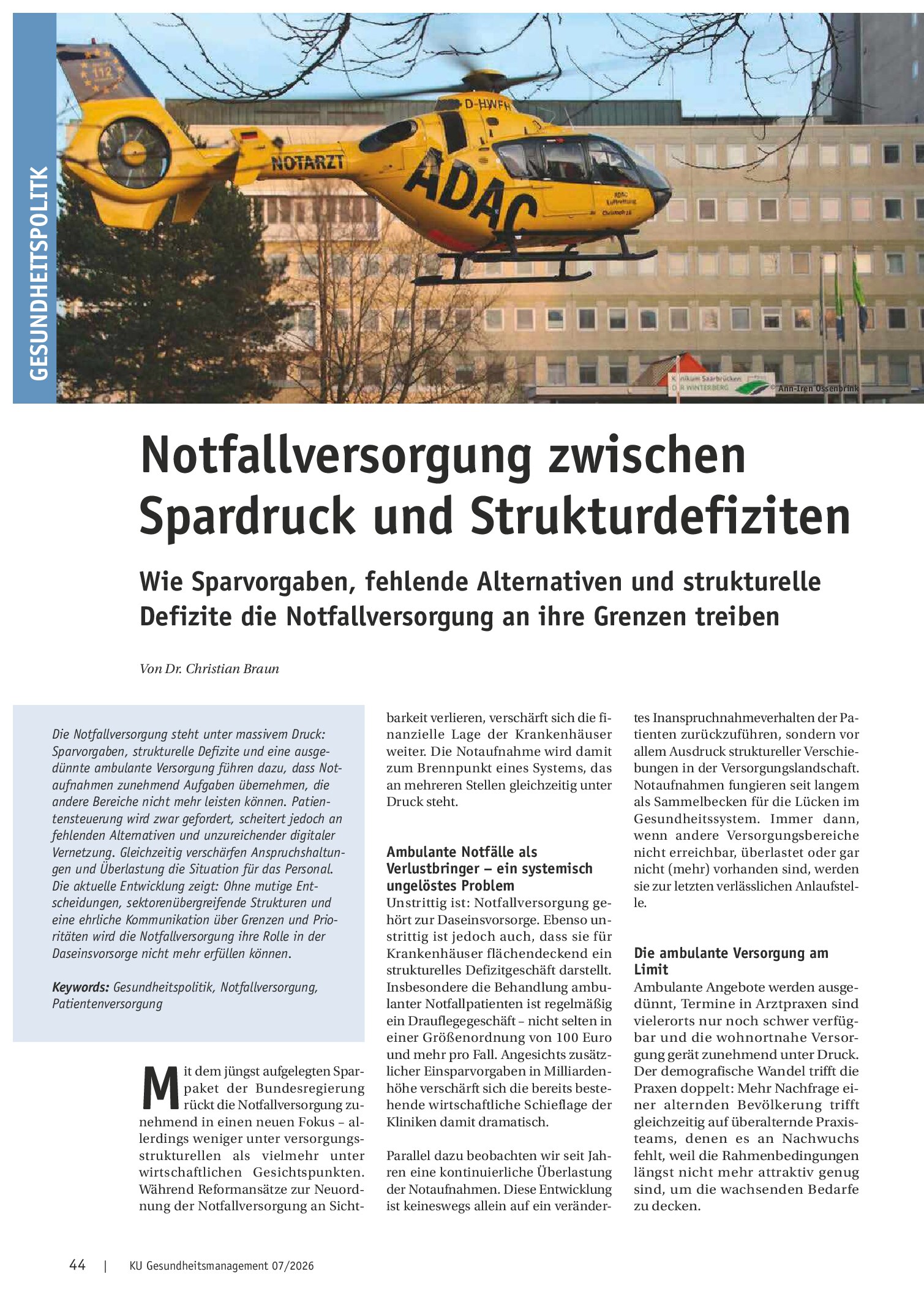 Vorschauseite 1: Notfallversorgung zwischen Spardruck und Strukturdefiziten