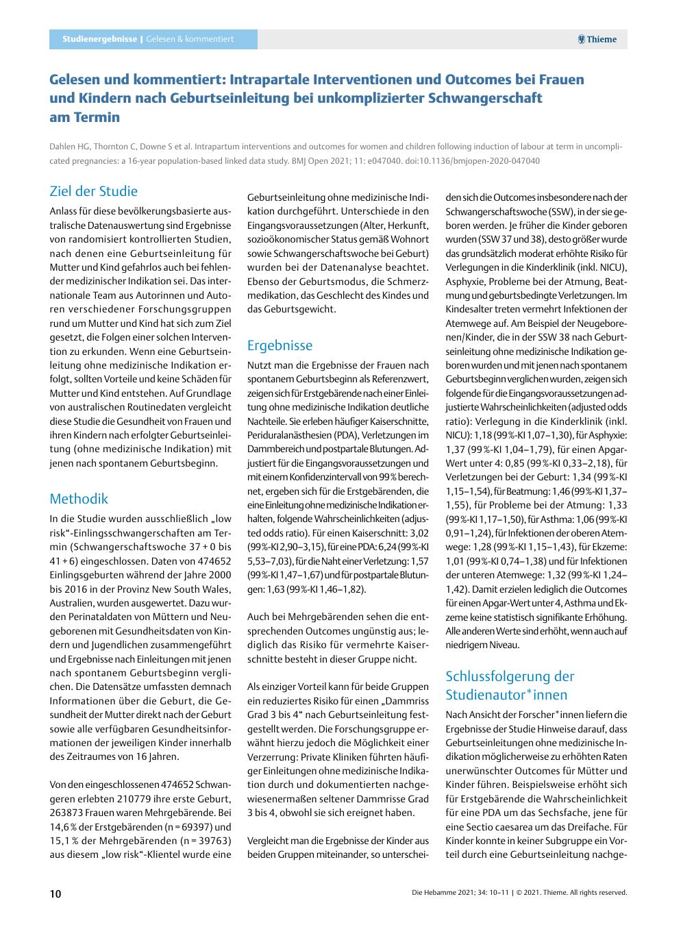 Vorschauseite 1: Gelesen und kommentiert: Intrapartale Interventionen und Outcomes bei Frauen und Kindern nach Geburtseinleitung bei unkomplizierter Schwangerschaft am Termin