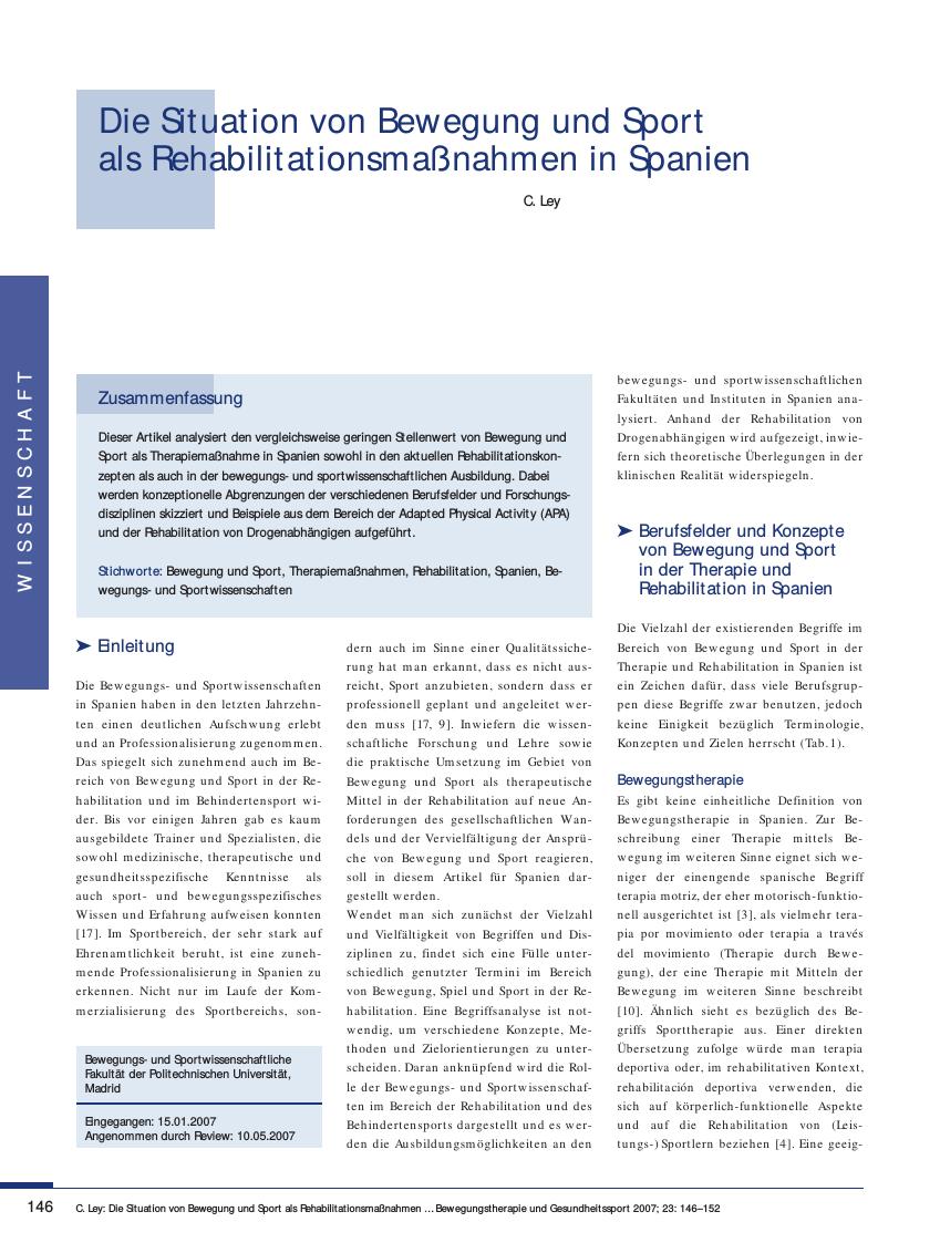Vorschauseite 1: Die Situation von Bewegung und Sport als Rehabilitationsmaßnahmen in Spanien