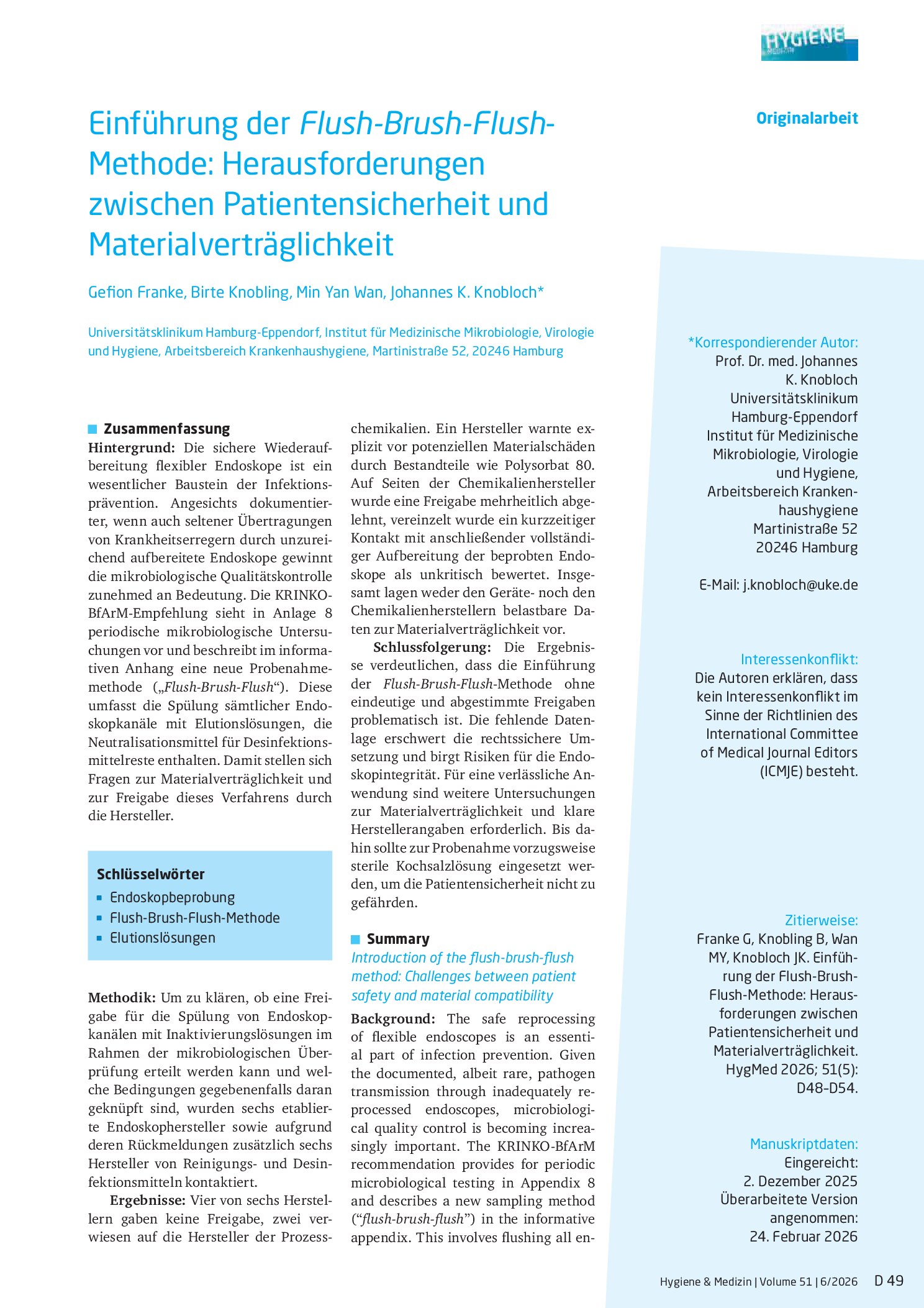 Vorschauseite 1: Einführung der Flush-Brush-Flush-Methode: Herausforderungen zwischen Patientensicherheit und Materialverträglichkeit