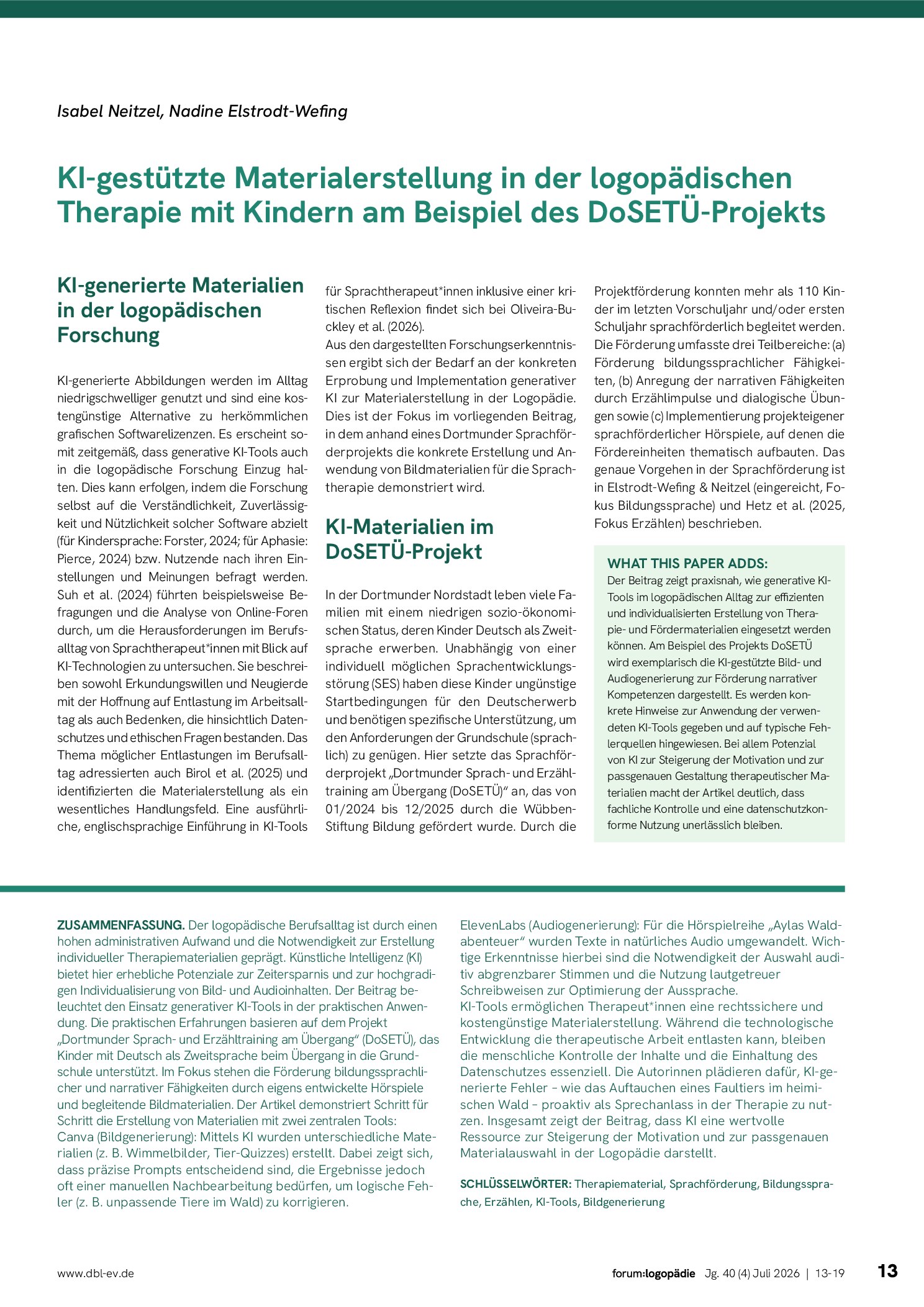 Vorschauseite 1: KI-gestützte Materialerstellung in der logopädischen Therapie mit Kindern am Beispiel des DoSETÜ-Projekts