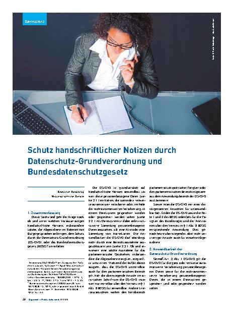 Vorschauseite 1: Schutz handschriftlicher Notizen durch Datenschutz-Grundverordnung und Bundesdatenschutzgesetz