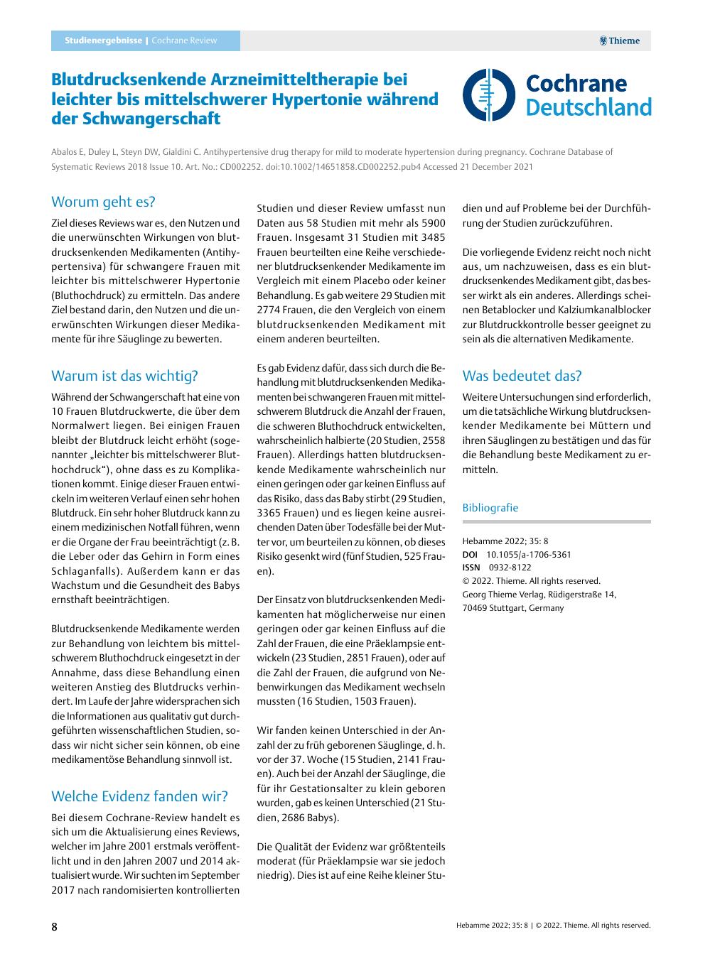 Vorschauseite 1: Blutdrucksenkende Arzneimitteltherapie bei leichter bis mittelschwerer Hypertonie während der Schwangerschaft