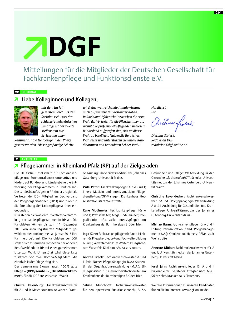 Vorschauseite 1: Mitteilungen für die Mitglieder der Deutschen Gesellschaft für Fachkrankenpflege und Funktionsdienste e.V.
