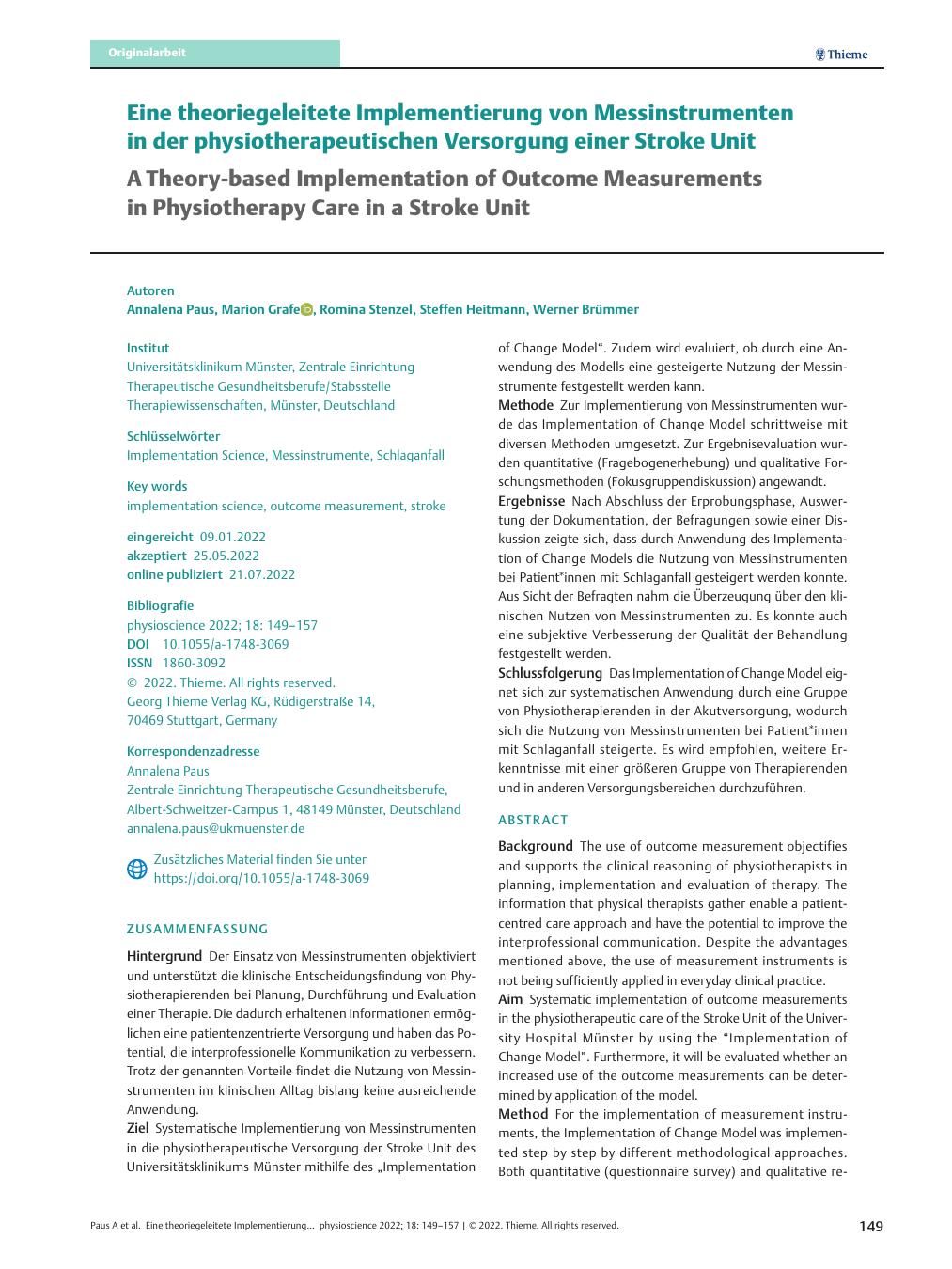 Vorschauseite 1: Eine theoriegeleitete Implementierung von Messinstrumenten in der physiotherapeutischen Versorgung einer Stroke Unit