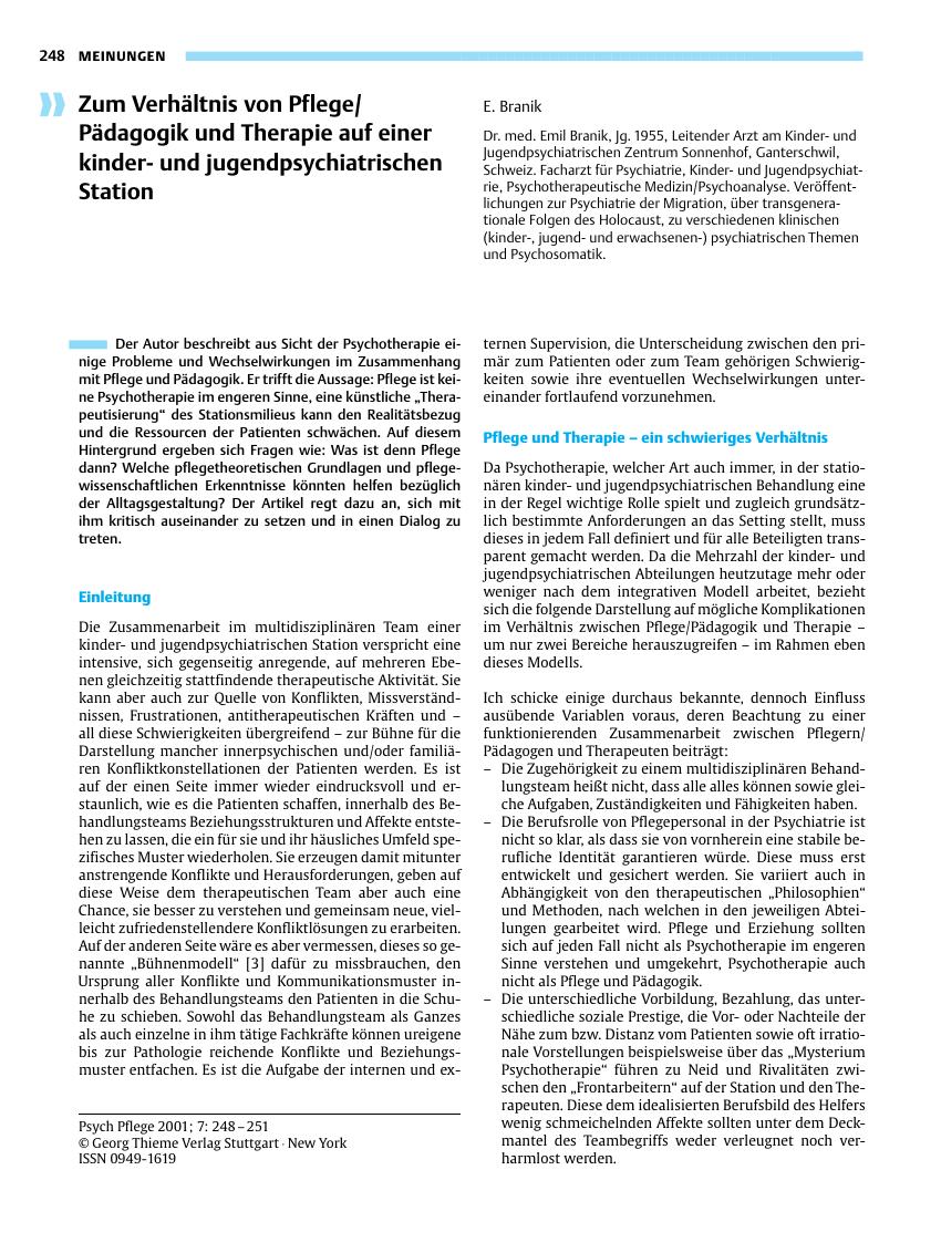 Vorschauseite 1: Zum Verhältnis von Pflege/Pädagogik und Therapie auf einer kinderund jugendpsychiatrischen Station