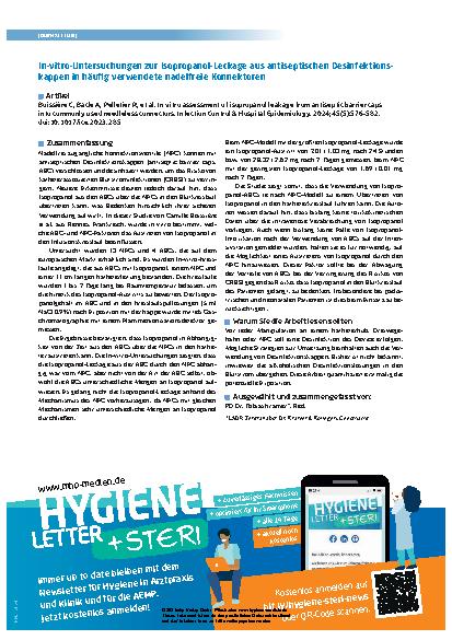Vorschauseite 1: In-vitro-Untersuchungen zur Isopropanol-Leckage aus antiseptischen Desinfektionskappen in häufig verwendete nadelfreie Konnektoren