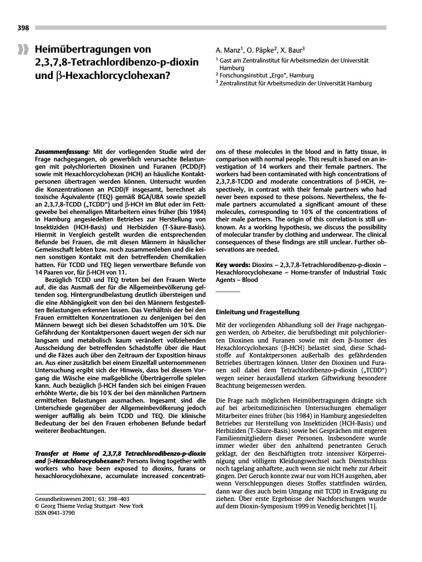 Vorschauseite 1: Heimübertragungen von 2,3,7,8-Tetrachlordibenzo-p-dioxin und β-Hexachlorcyclohexan?