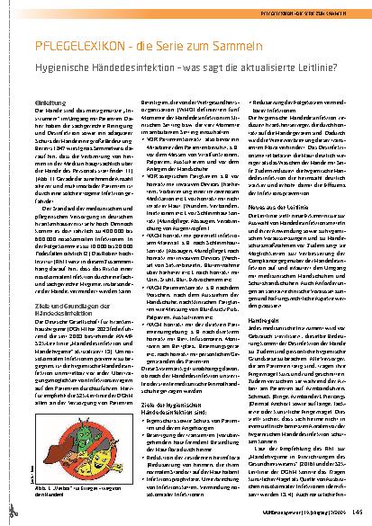 Vorschauseite 1: PFLEGELEXIKON – die Serie zum Sammeln Hygienische Händedesinfektion – was sagt die aktualisierte Leitlinie?