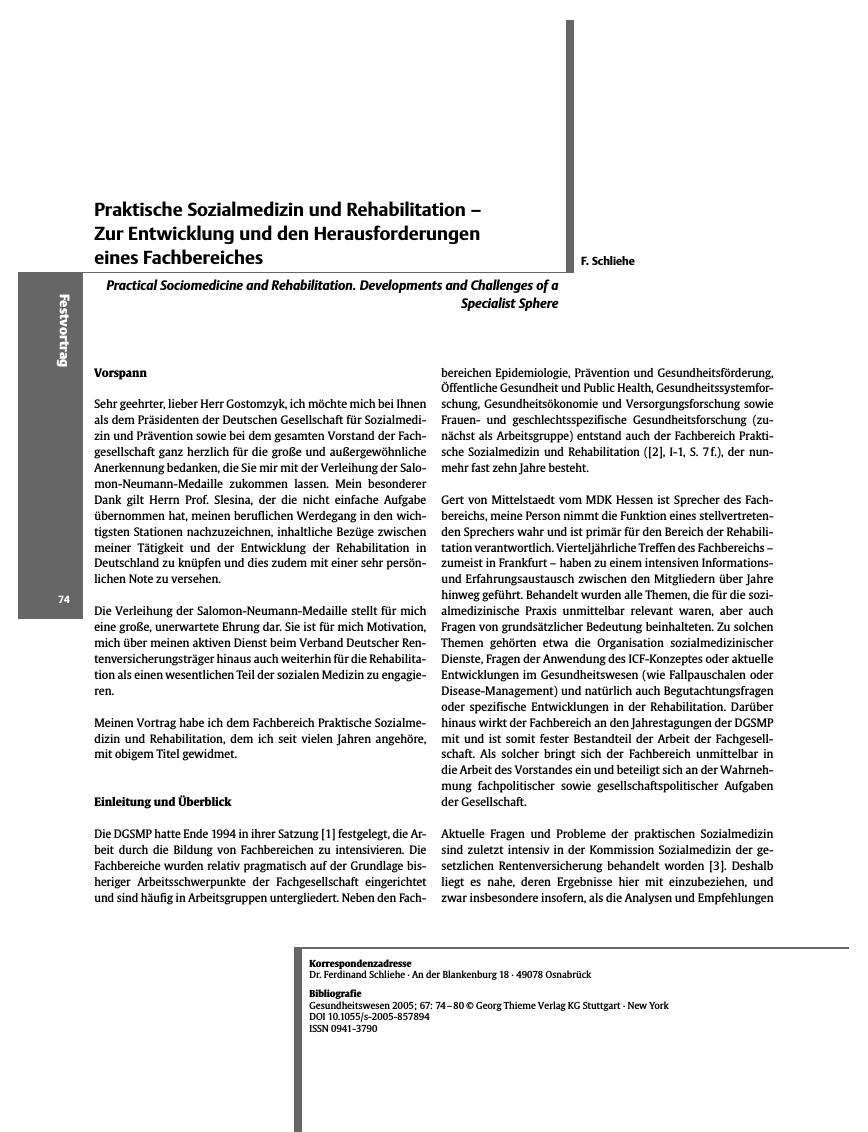 Vorschauseite 1: Praktische Sozialmedizin und Rehabilitation - Zur Entwicklung und den Herausforderungen eines Fachbereiches
