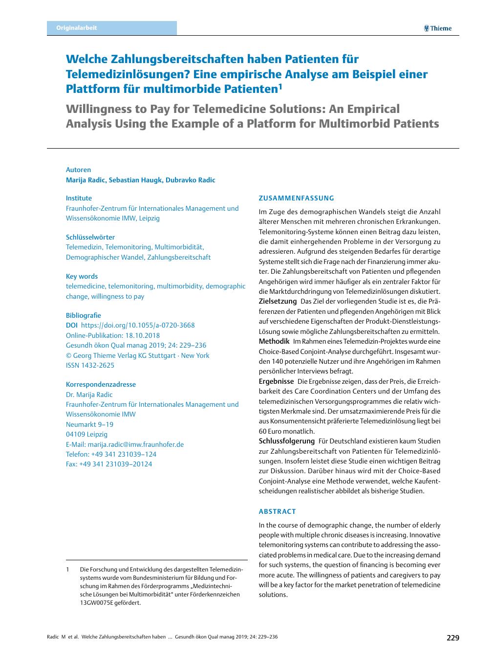 Vorschauseite 1: Welche Zahlungsbereitschaften haben Patienten für Telemedizinlösungen? Eine empirische Analyse am Beispiel einer Plattform für multimorbide Patienten