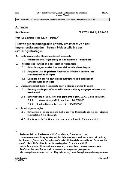 Vorschauseite 1: Hinweisgeberschutzgesetz effektiv umsetzen: Von der Implementierung der internen Meldestelle bis zur Schulungsstrategie