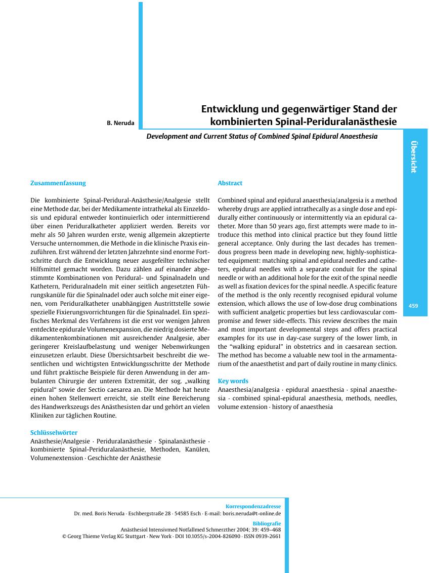 Vorschauseite 1: Entwicklung und gegenwärtiger Stand der kombinierten Spinal-Periduralanästhesie