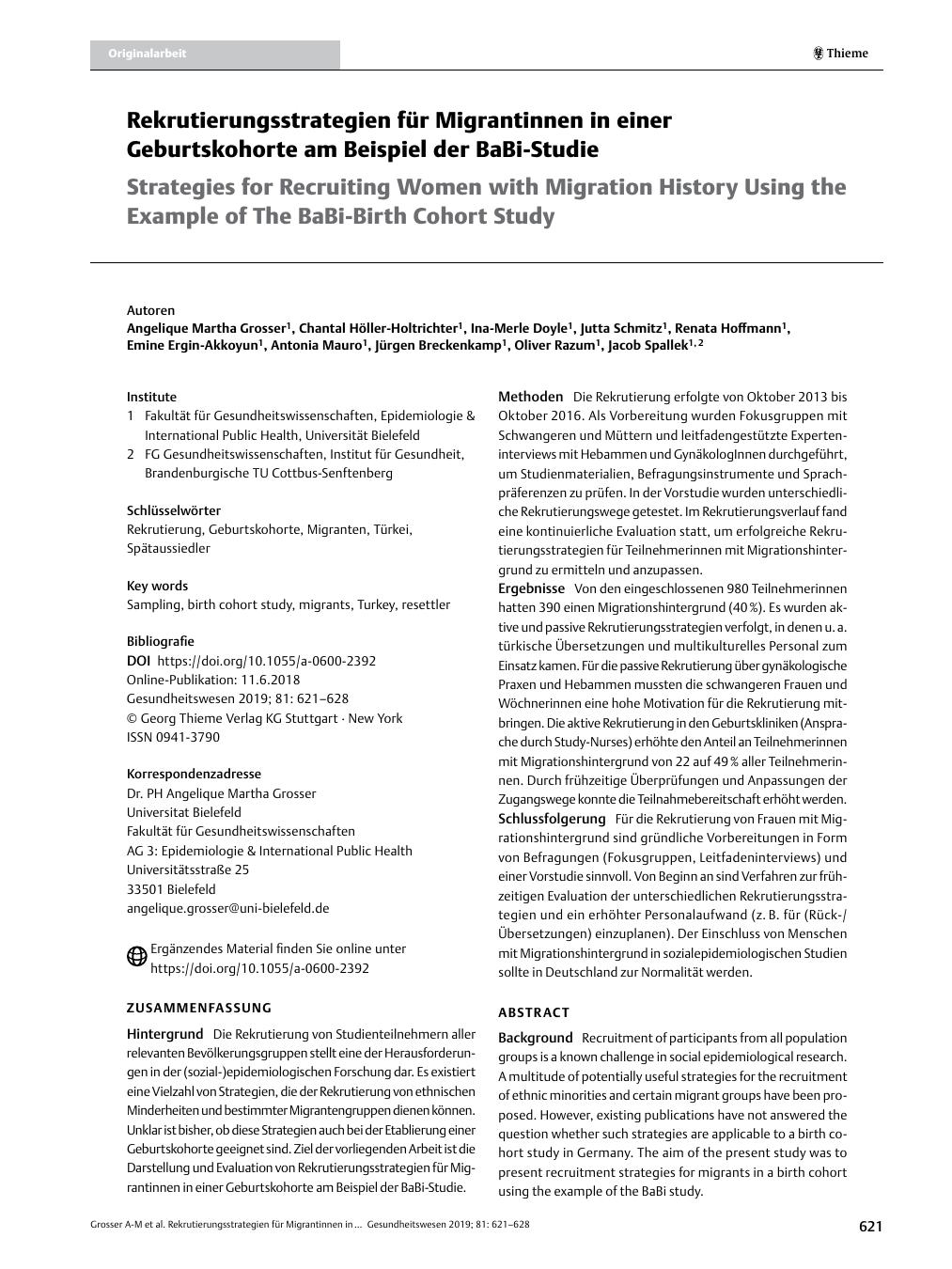 Vorschauseite 1: Rekrutierungsstrategien für Migrantinnen in einer Geburtskohorte am Beispiel der BaBi-Studie