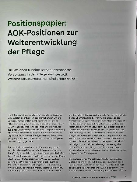 Vorschauseite 1: Positionspapier: AOK-Positionen zur Weiterentwicklung der Pflege