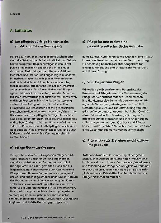 Vorschauseite 2: Positionspapier: AOK-Positionen zur Weiterentwicklung der Pflege
