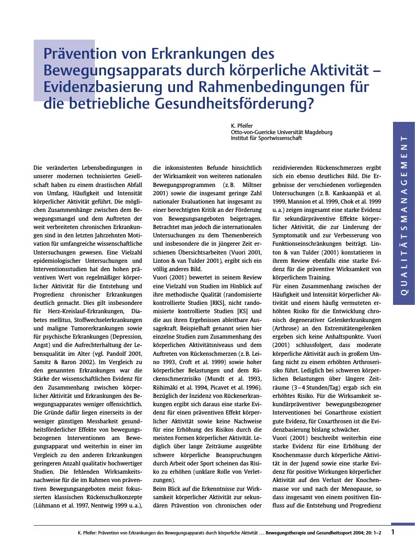 Vorschauseite 1: Prävention von Erkrankungen des Bewegungsapparats - Evidenzbasierung