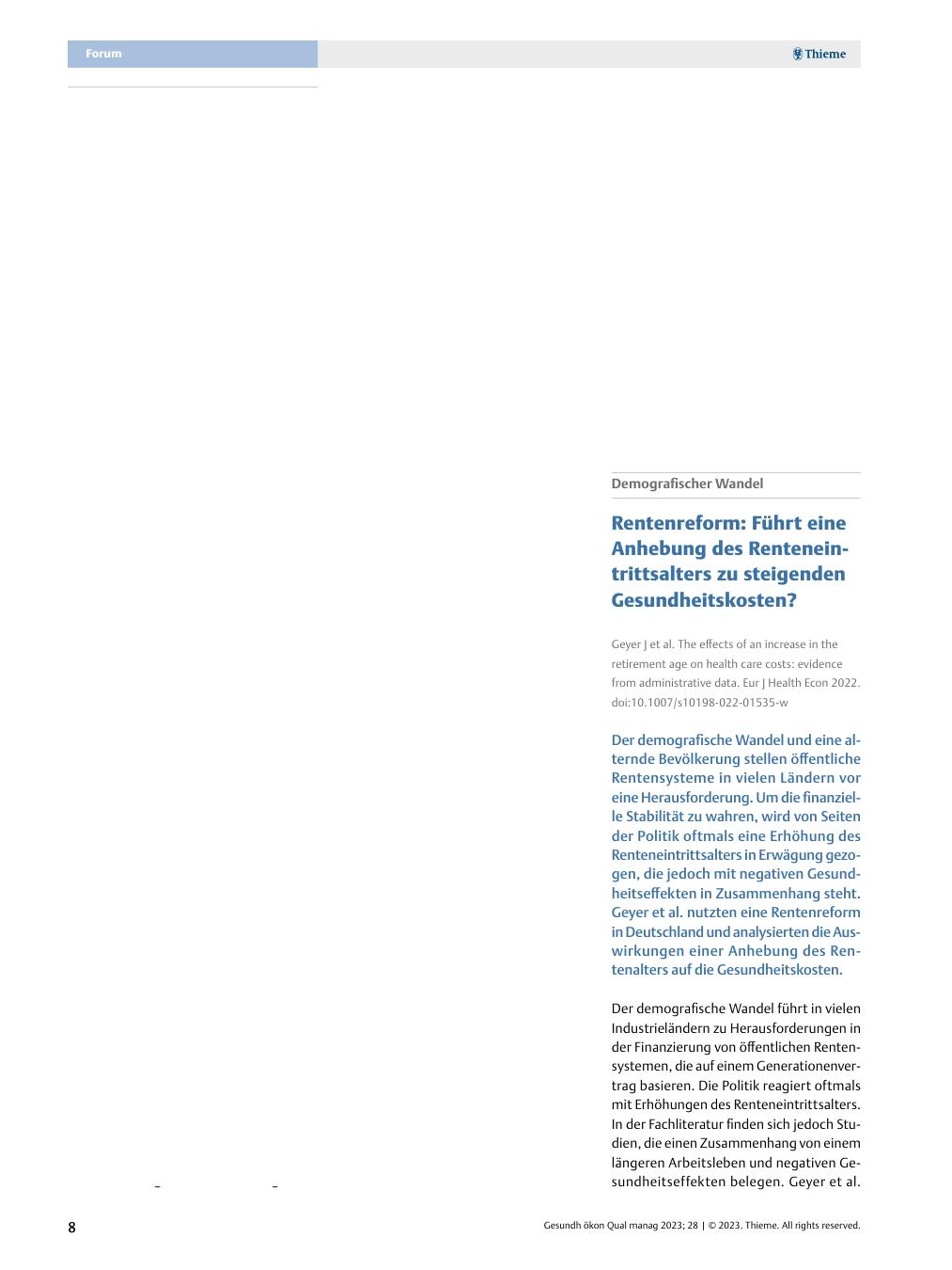 Vorschauseite 1: Demografischer Wandel - Rentenreform: Führt eine Anhebung des Renteneintrittsalters zu steigenden Gesundheitskosten?