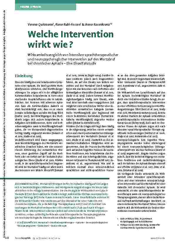 Vorschauseite 1: Welche Intervention wirkt wie? Wirksamkeitsvergleich von intensiver sprachtherapeutischer und neuropsychologischer Intervention auf den Wortabruf bei chronischer Aphasie – Eine Ei…