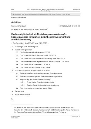 Vorschauseite 1: Kirchenmitgliedschaft als Einstellungsvoraussetzung? – Spagat zwischen kirchlichem Selbstbestimmungsrecht und Antidiskriminierung