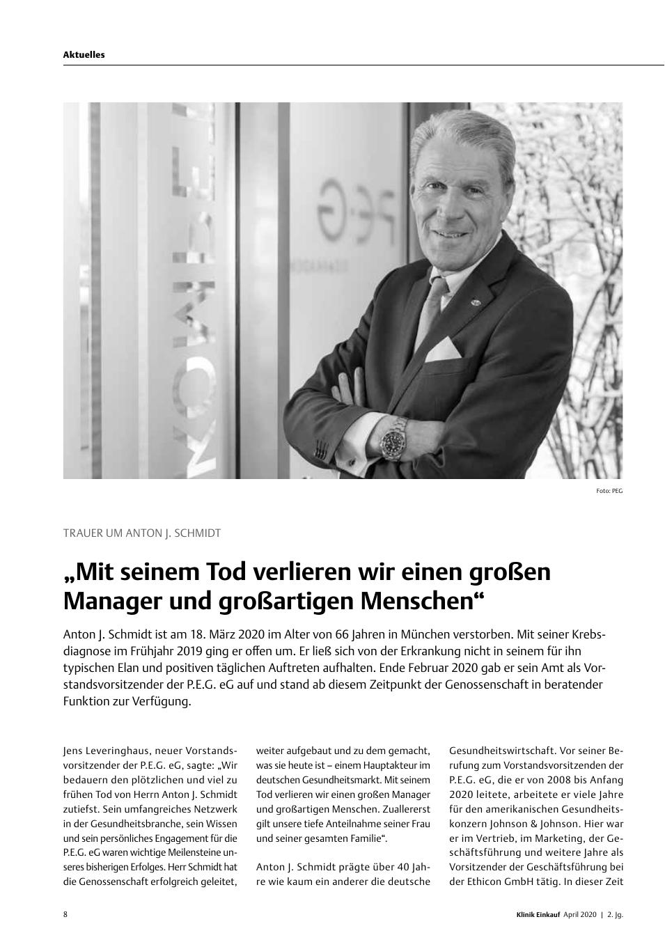 Vorschauseite 1: Trauer um Anton J. Schmidt: „Mit seinem Tod verlieren wir einen großen Manager und großartigen Menschen“
