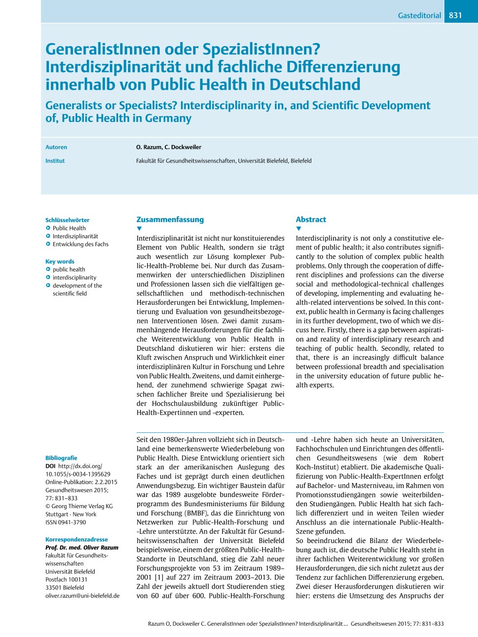 Vorschauseite 1: GeneralistInnen oder SpezialistInnen? Interdisziplinarität und fachliche Differenzierung innerhalb von Public Health in Deutschland