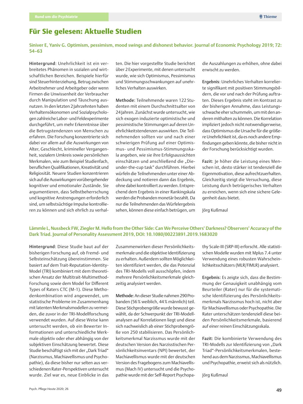 Vorschauseite 1: Für Sie gelesen: Aktuelle Studien: Siniver E, Yaniv G. Optimism, pessimism, mood swings and dishonest behavior. Journal of Economic Psychology 2019; 72: 54–63