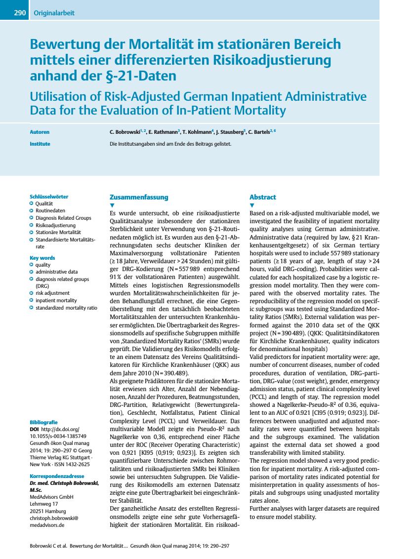 Vorschauseite 1: Bewertung der Mortalität im stationären Bereich mittels einer differenzierten Risikoadjustierung anhand der §-21-Daten